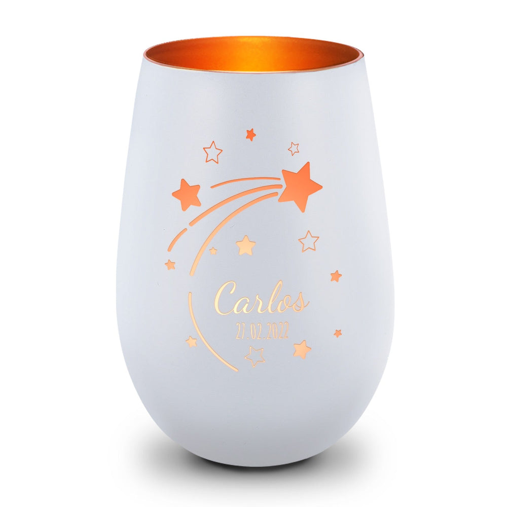 Deko Windlicht aus Glas mit Gravur - Sternschnuppe - Personalisiert mit Namen & Datum