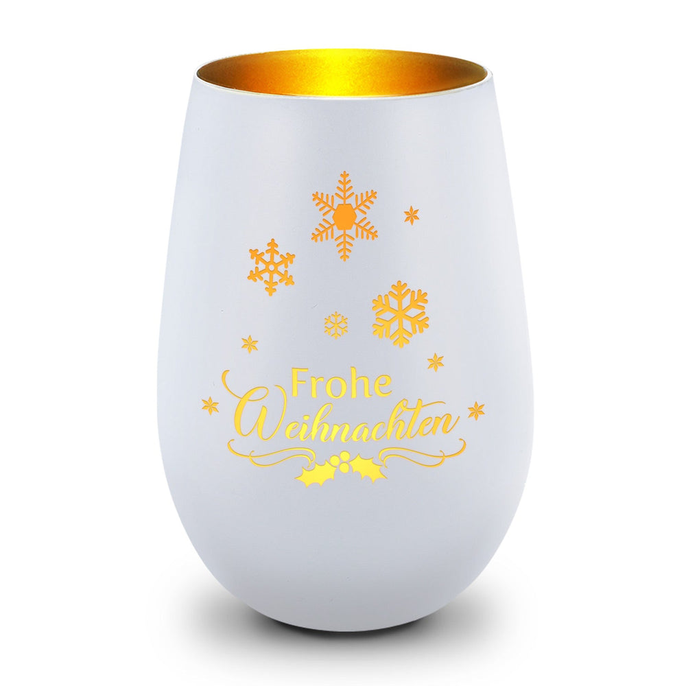 Deko Windlicht aus Glas mit Gravur - Frohe Weihnachten Schneeflocke
