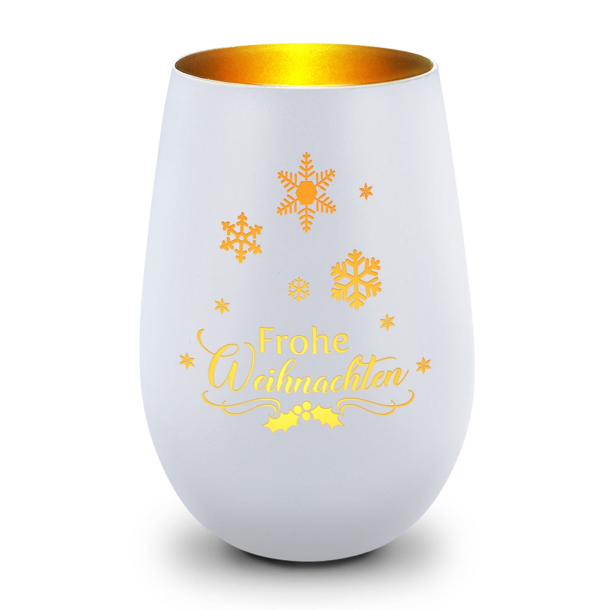 Deko Windlicht aus Glas mit Gravur - Frohe Weihnachten Schneeflocke