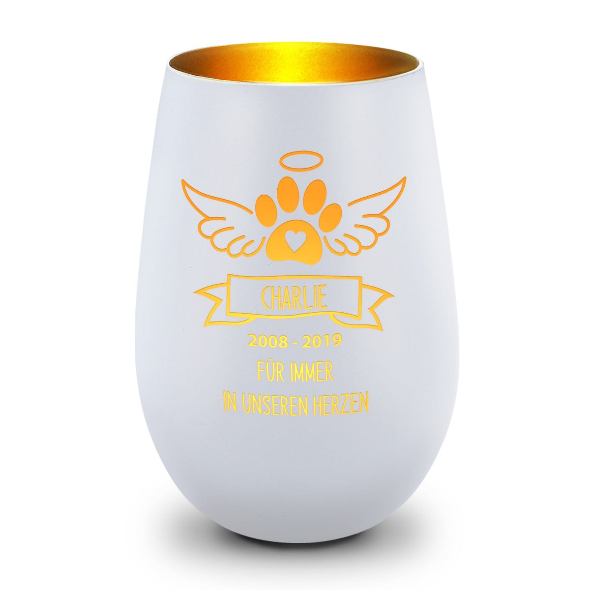 Deko Windlicht aus Glas mit Gravur - Pfotenengel - Personalisiert mit Namen & Datum