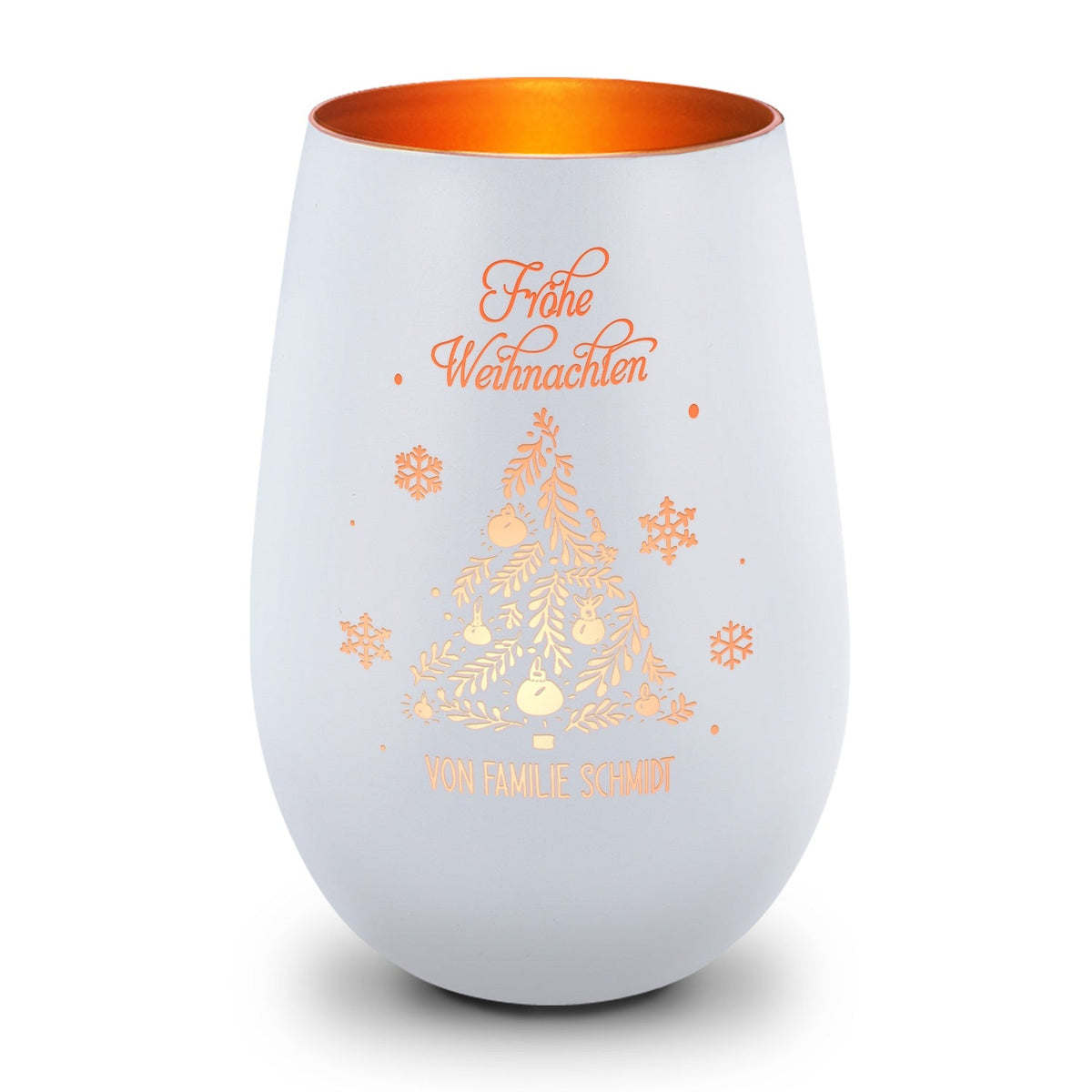 Deko Windlicht aus Glas mit Gravur - Frohe Weihnachten - Personalisiert mit Namen