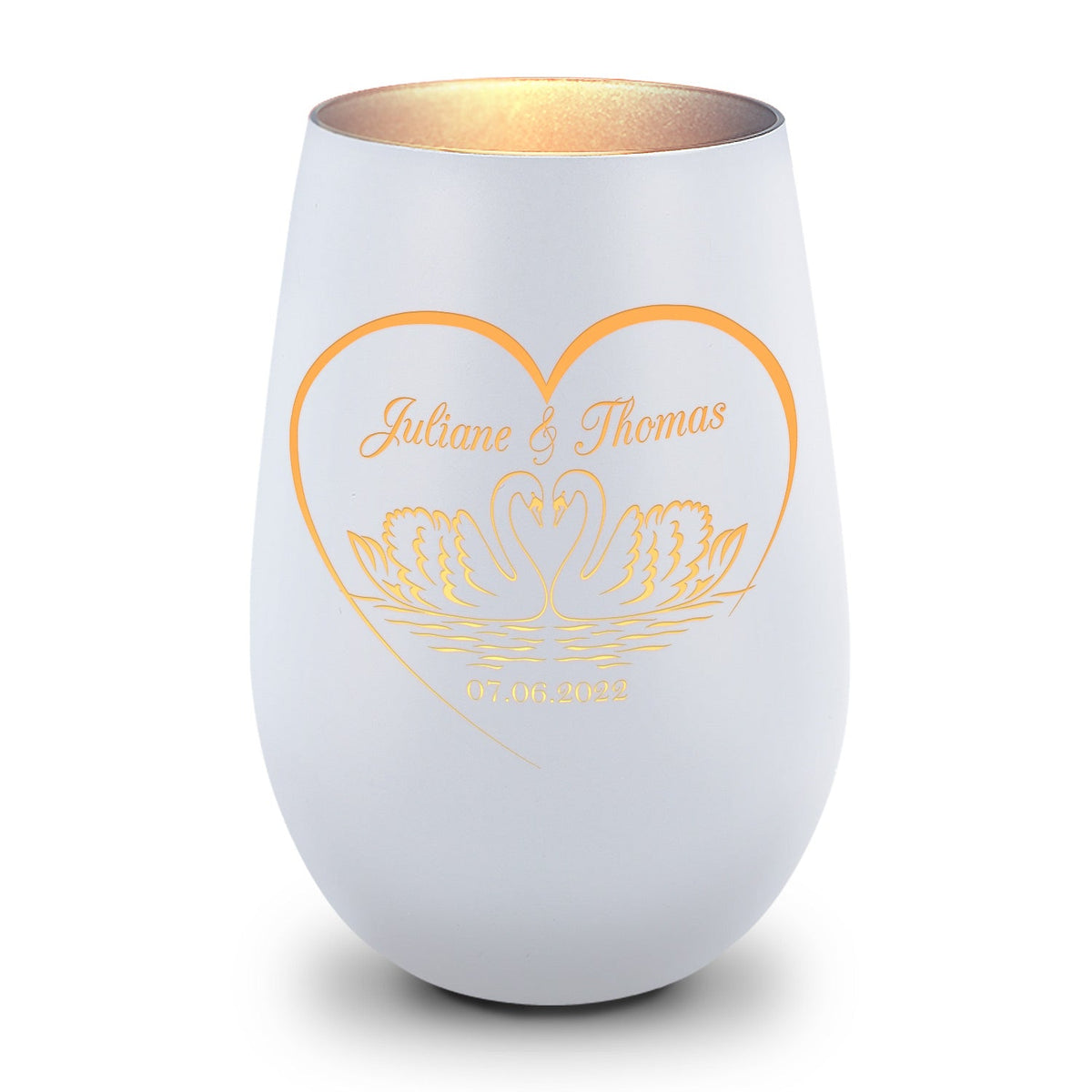 Deko Windlicht aus Glas mit Gravur - Schwanenherz - Personalisiert mit Namen & Datum