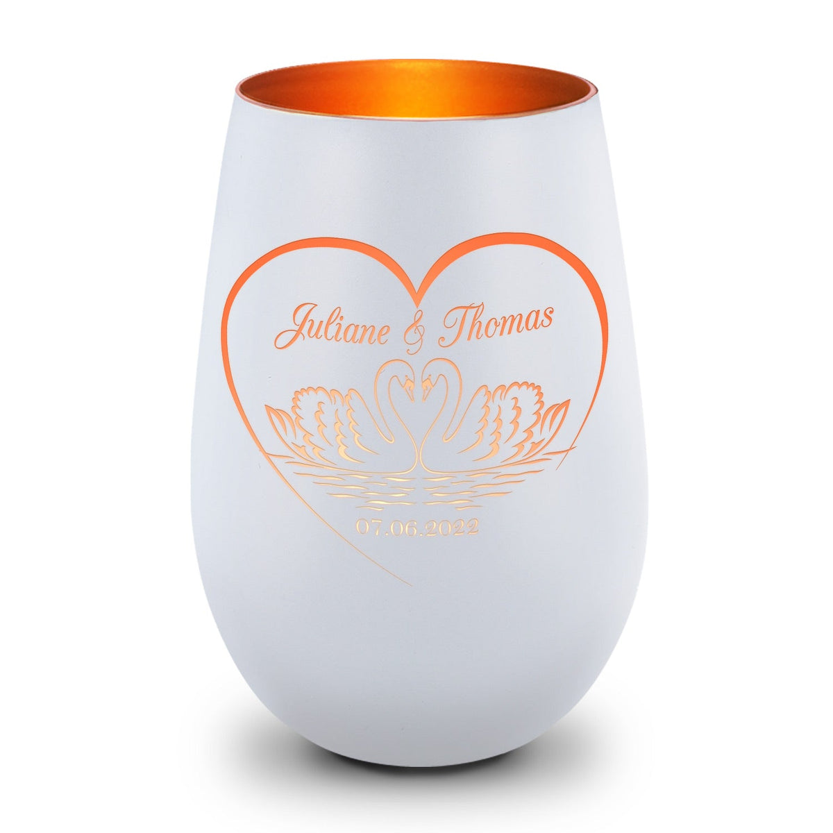 Deko Windlicht aus Glas mit Gravur - Schwanenherz - Personalisiert mit Namen & Datum