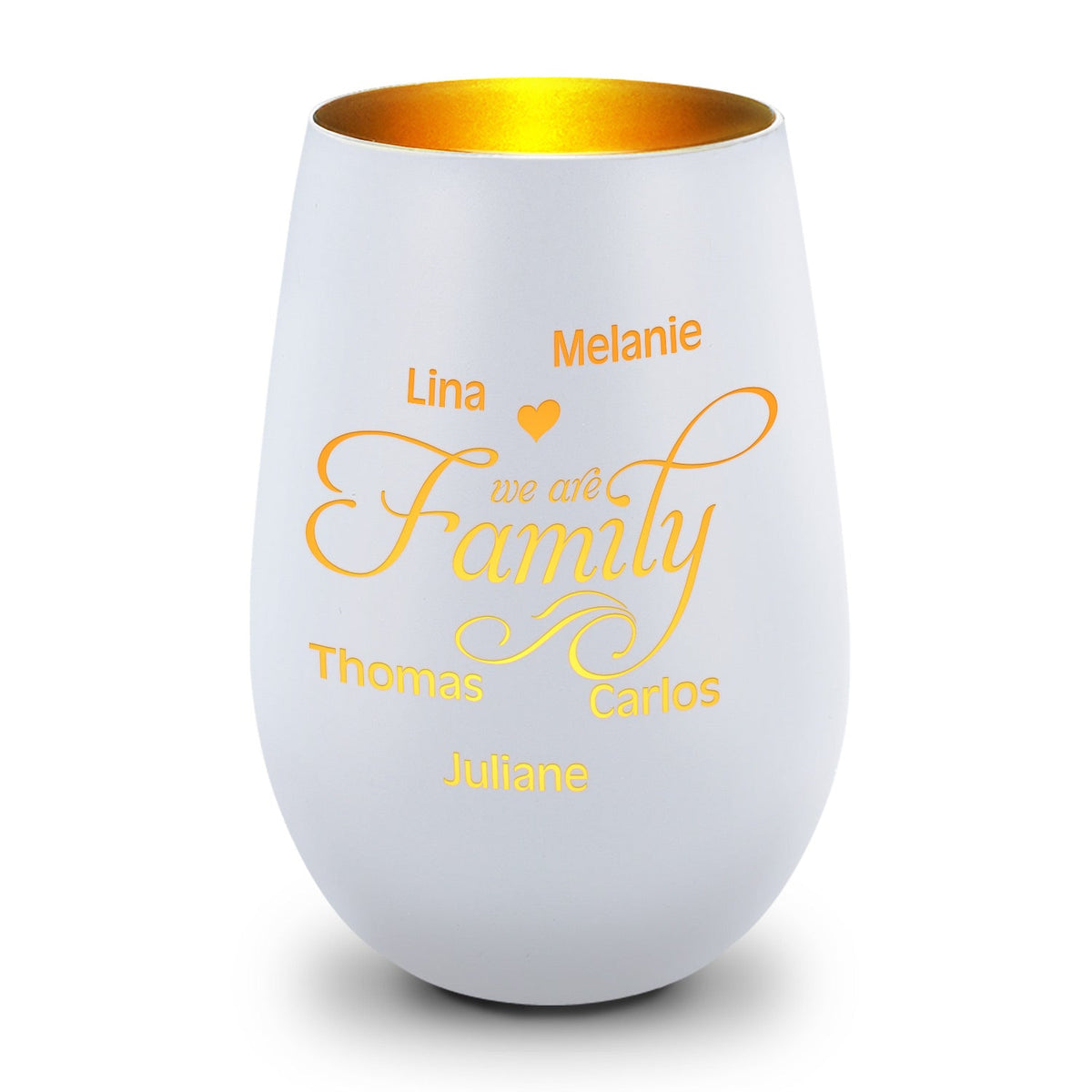 Deko Windlicht aus Glas mit Gravur - We are Family - Personalisiert mit bis zu fünf Namen