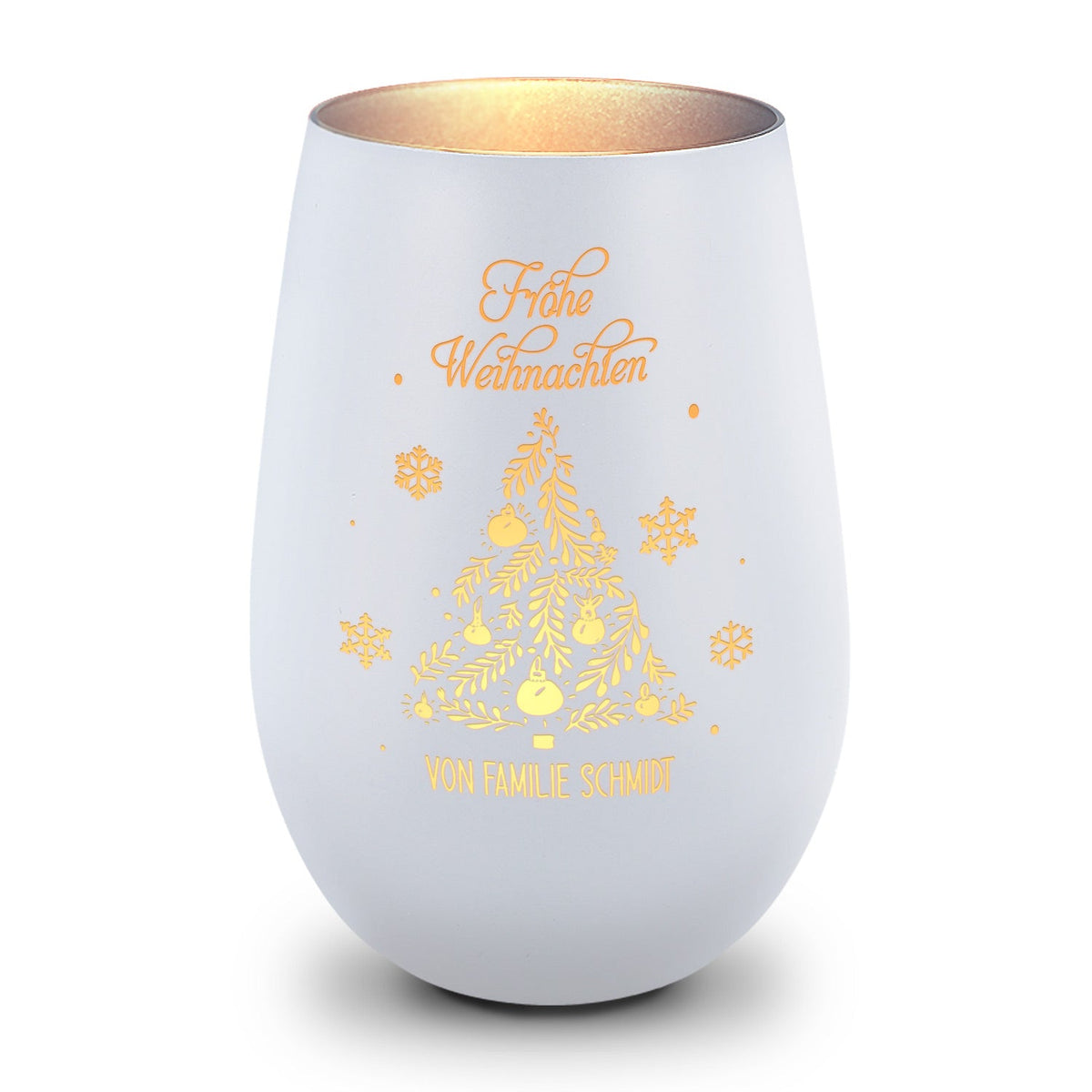 Deko Windlicht aus Glas mit Gravur - Frohe Weihnachten - Personalisiert mit Namen