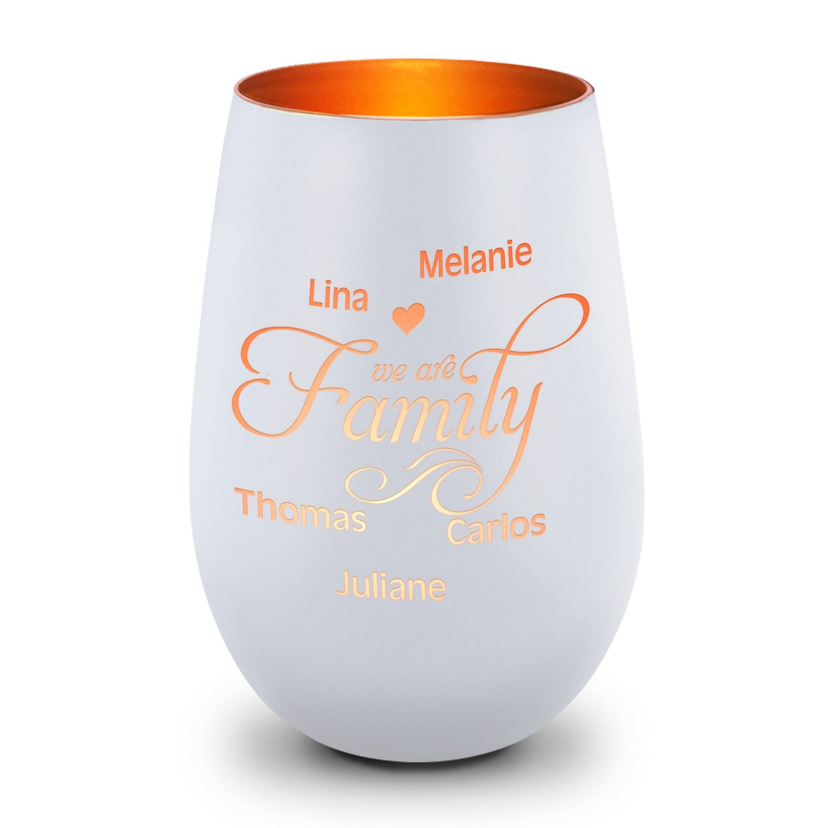 Deko Windlicht aus Glas mit Gravur - We are Family - Personalisiert mit bis zu fünf Namen