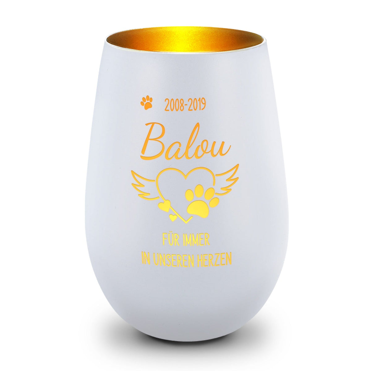 Deko Windlicht aus Glas mit Gravur - Pfotenherz - Personalisiert mit Namen & Datum - Trauerlicht
