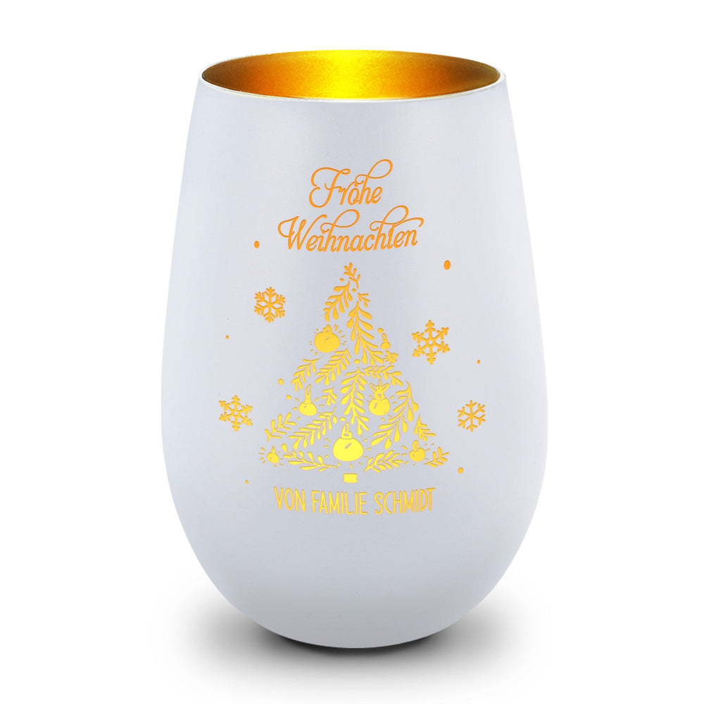 Deko Windlicht aus Glas mit Gravur - Frohe Weihnachten - Personalisiert mit Namen