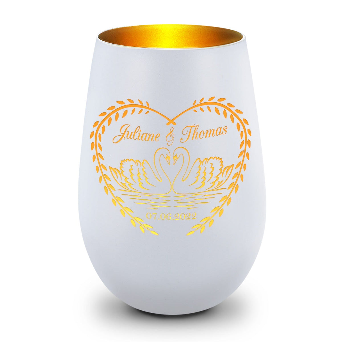 Deko Windlicht aus Glas mit Gravur - Schwanenherz v2 - Personalisiert mit Namen & Datum