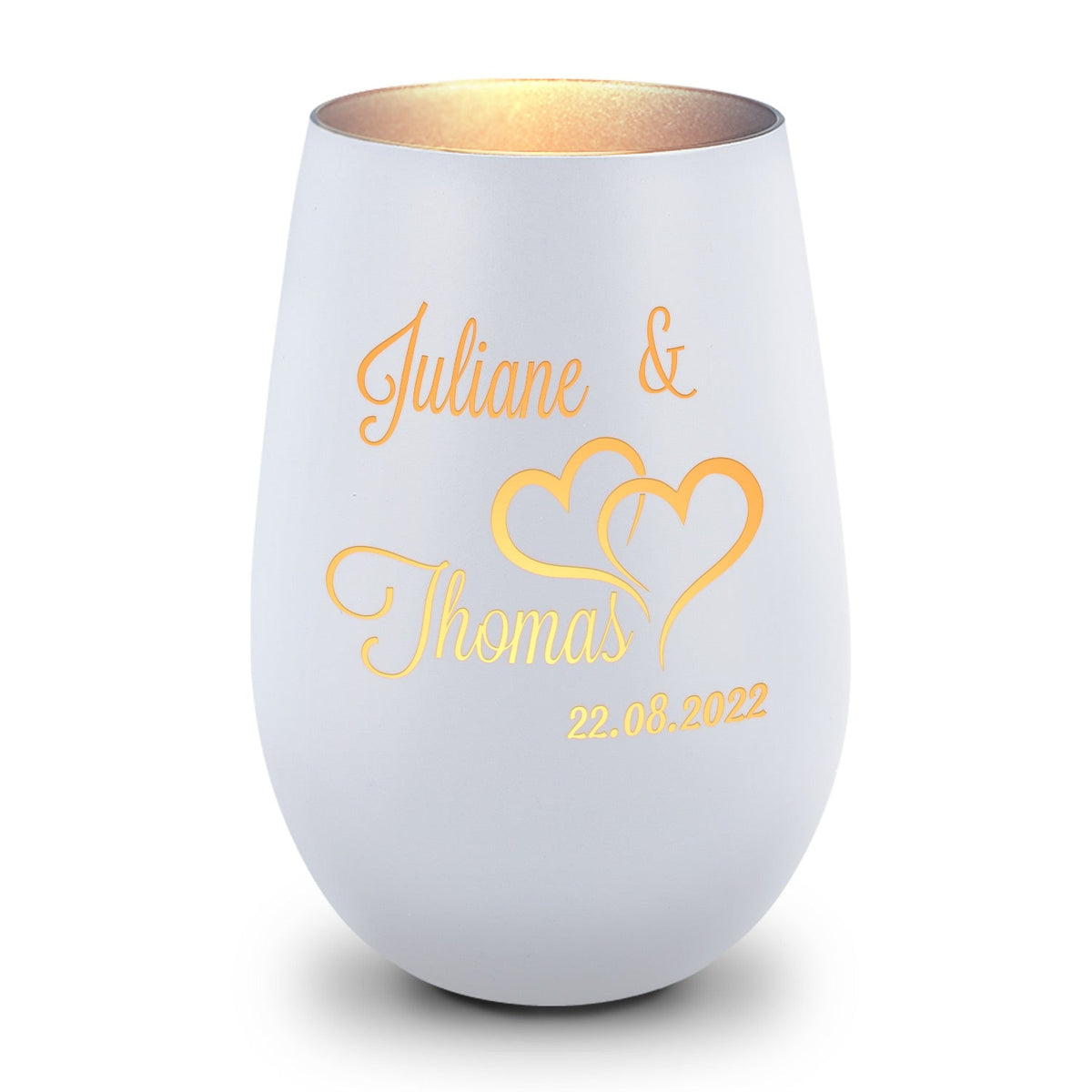 Deko Windlicht aus Glas mit Gravur - Die große Liebe - Personalisiert mit Name und Datum