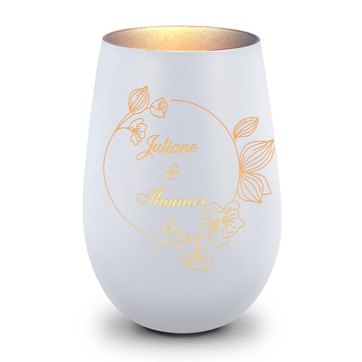 Deko Windlicht aus Glas mit Gravur - Nature Circle Flower - Personalisiert mit Namen