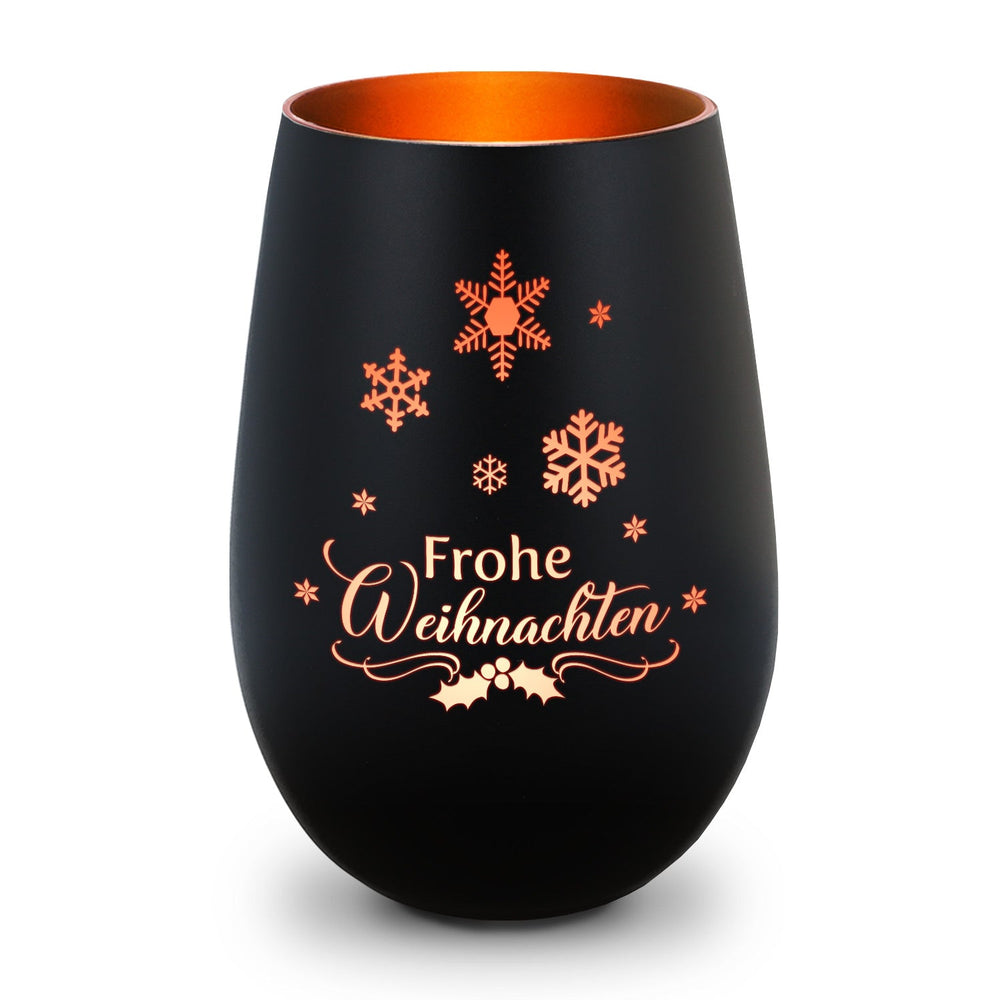 Deko Windlicht aus Glas mit Gravur - Frohe Weihnachten Schneeflocke
