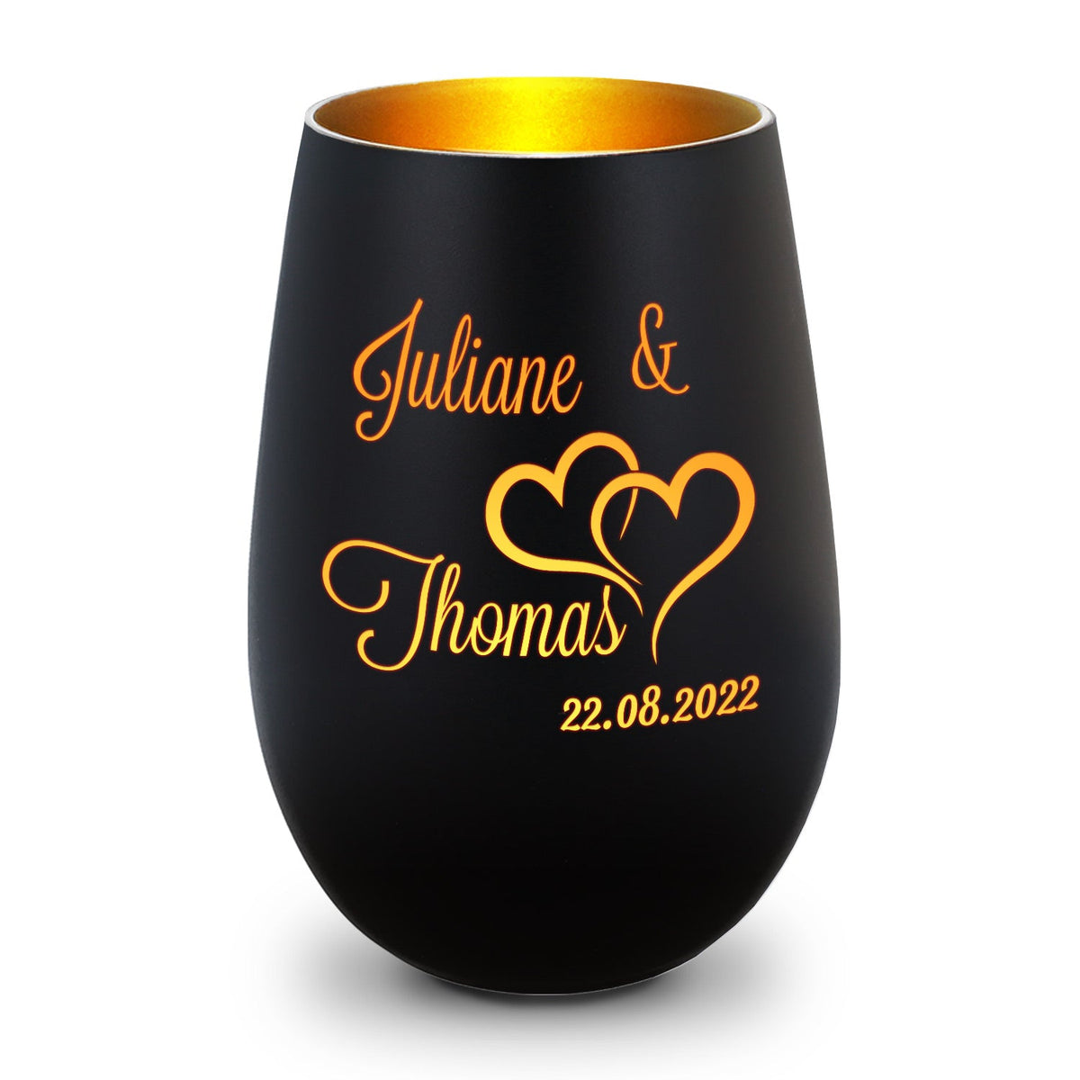 Deko Windlicht aus Glas mit Gravur - Die große Liebe - Personalisiert mit Name und Datum