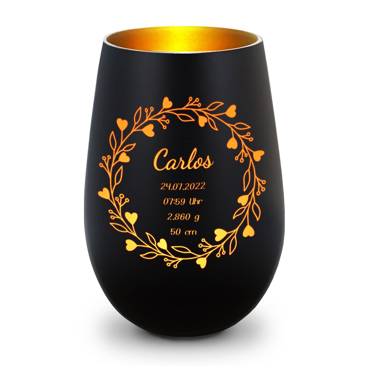 Deko Windlicht aus Glas mit Gravur - Geschenk zur Geburt - Personalisiert mit Namen