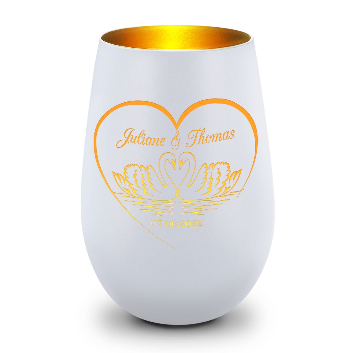 Deko Windlicht aus Glas mit Gravur - Schwanenherz - Personalisiert mit Namen & Datum