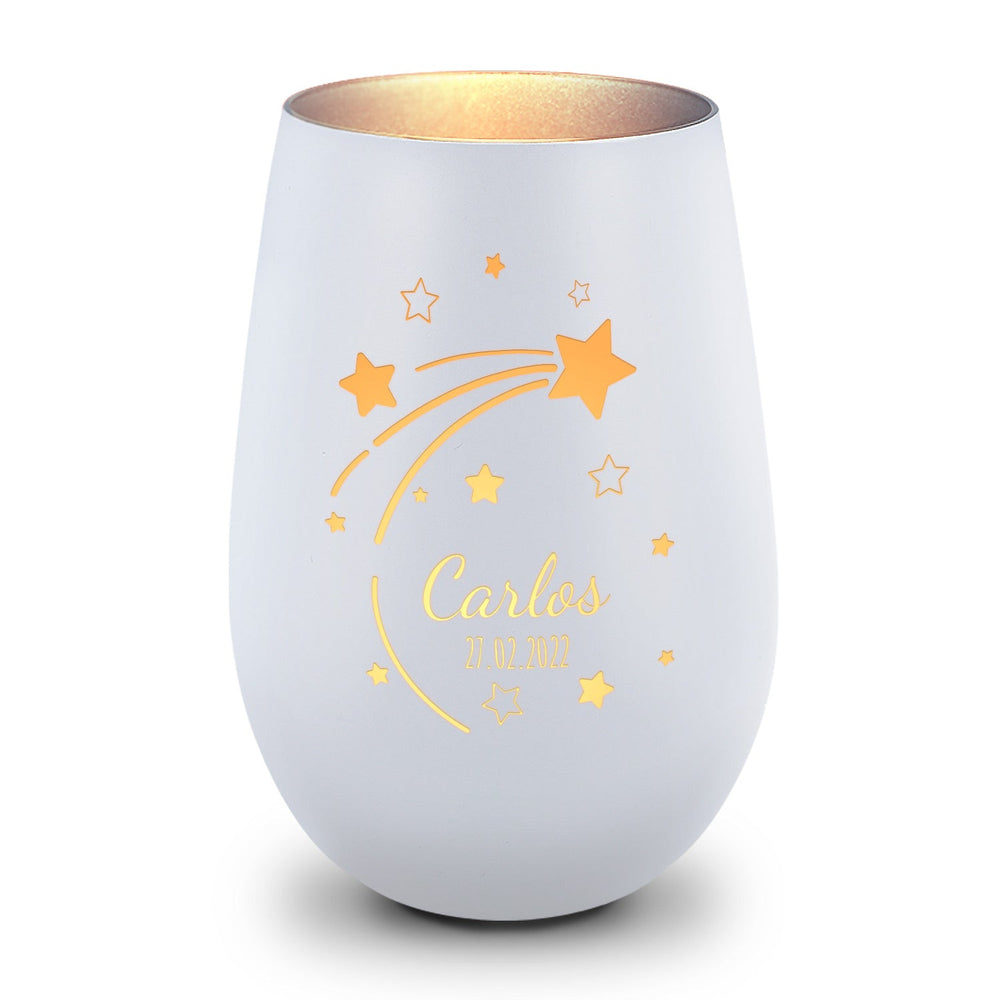 Deko Windlicht aus Glas mit Gravur - Sternschnuppe - Personalisiert mit Namen & Datum