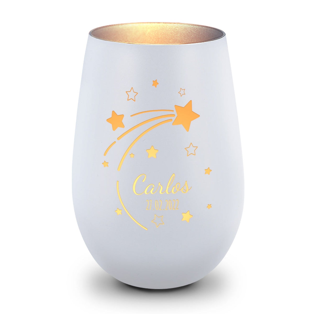 Deko Windlicht aus Glas mit Gravur - Sternschnuppe - Personalisiert mit Namen & Datum
