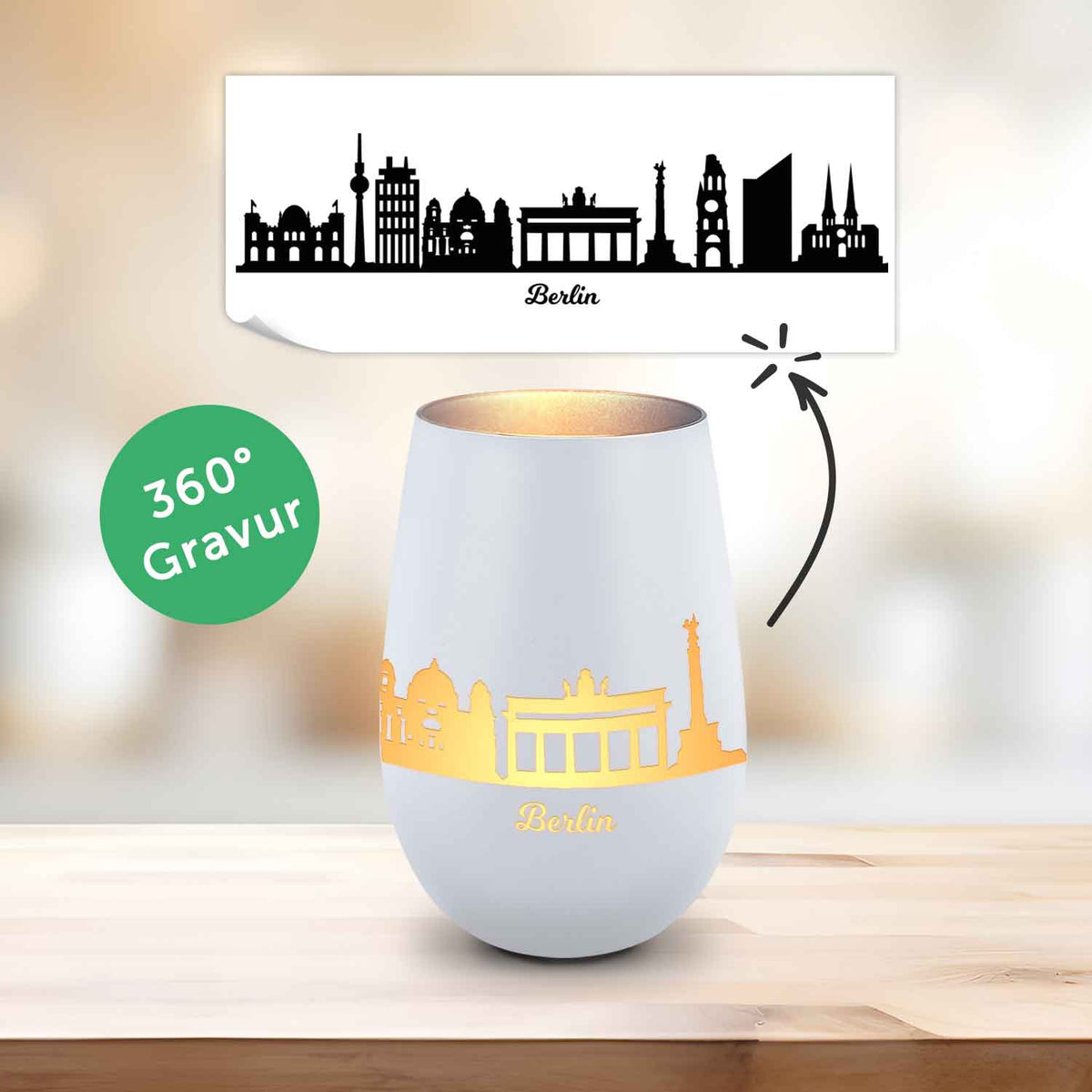 Deko Windlicht aus Glas mit Gravur - Skyline Berlin