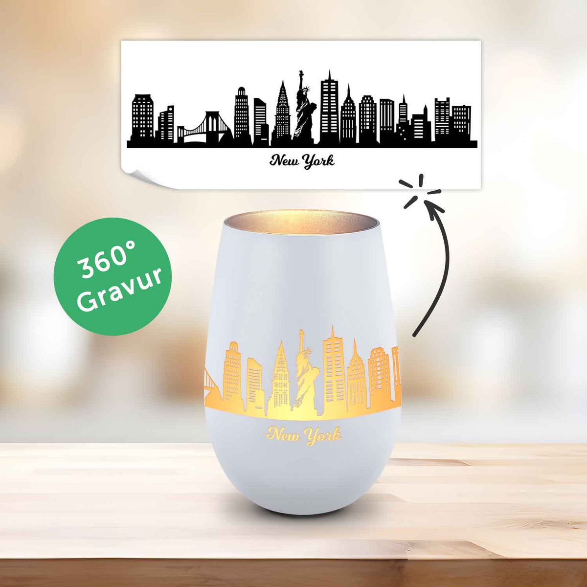 Deko Windlicht aus Glas mit Gravur - Skyline New York