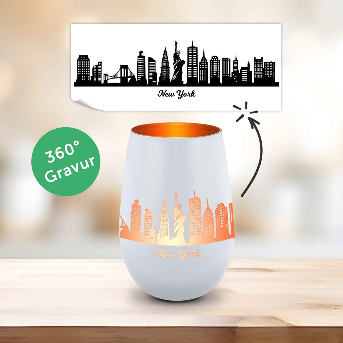 Deko Windlicht aus Glas mit Gravur - Skyline New York