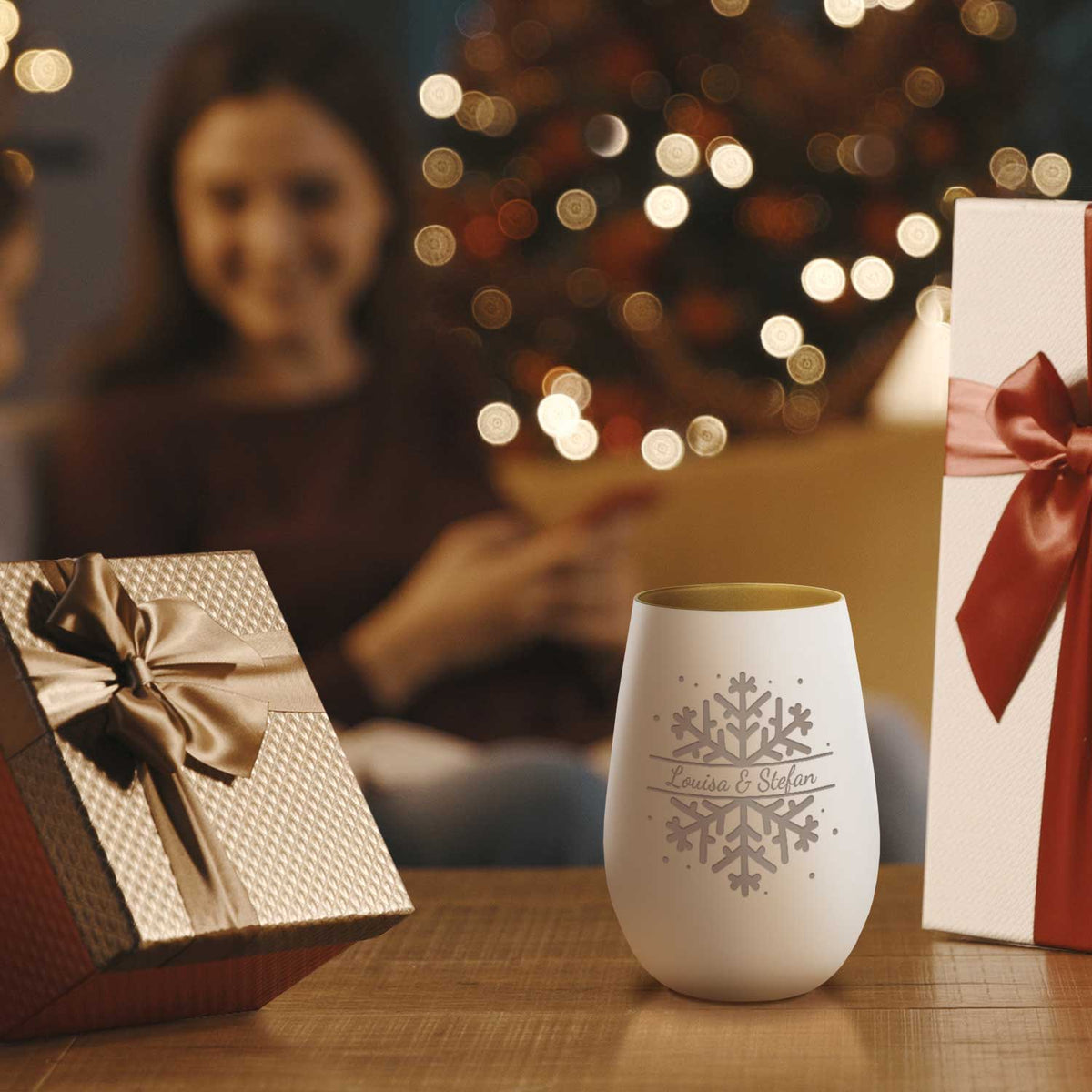 Deko Windlicht aus Glas mit Gravur - Schneeflocke - Personalisiert mit Namen - Geschenk zu Weihnacht