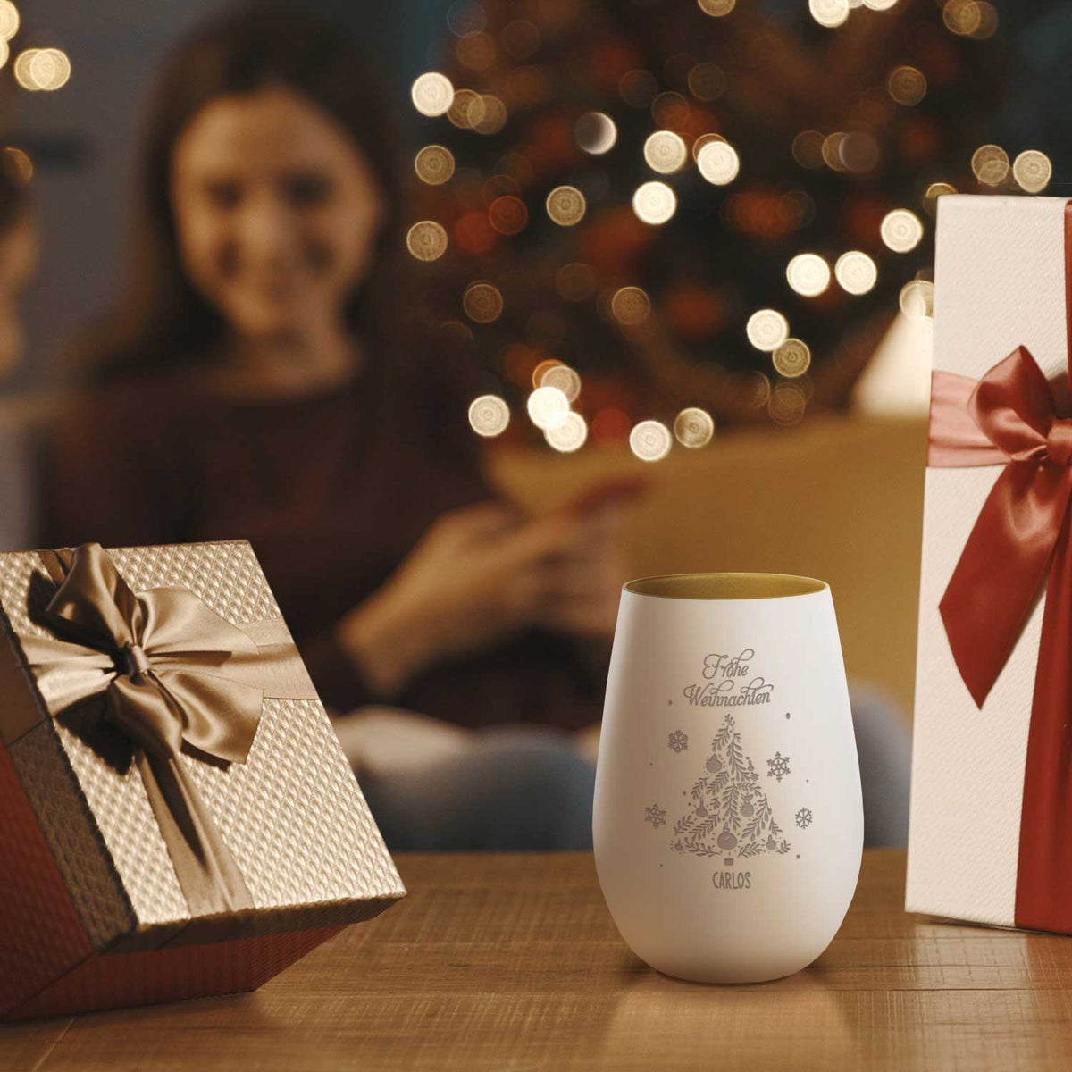 Deko Windlicht aus Glas mit Gravur - Frohe Weihnachten - Personalisiert mit Namen
