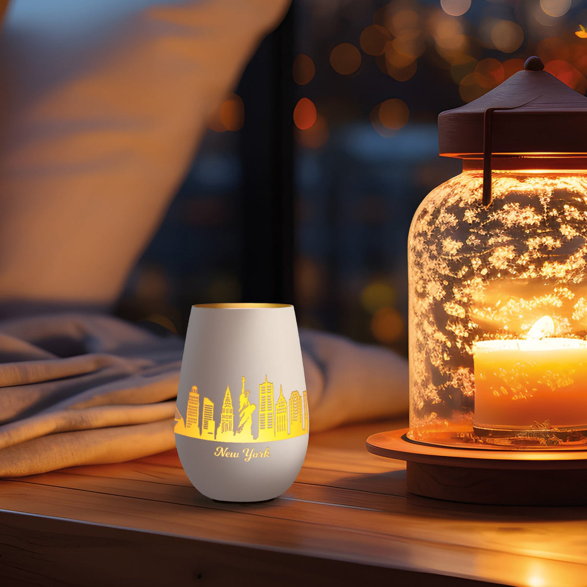 Deko Windlicht aus Glas mit Gravur - Skyline New York