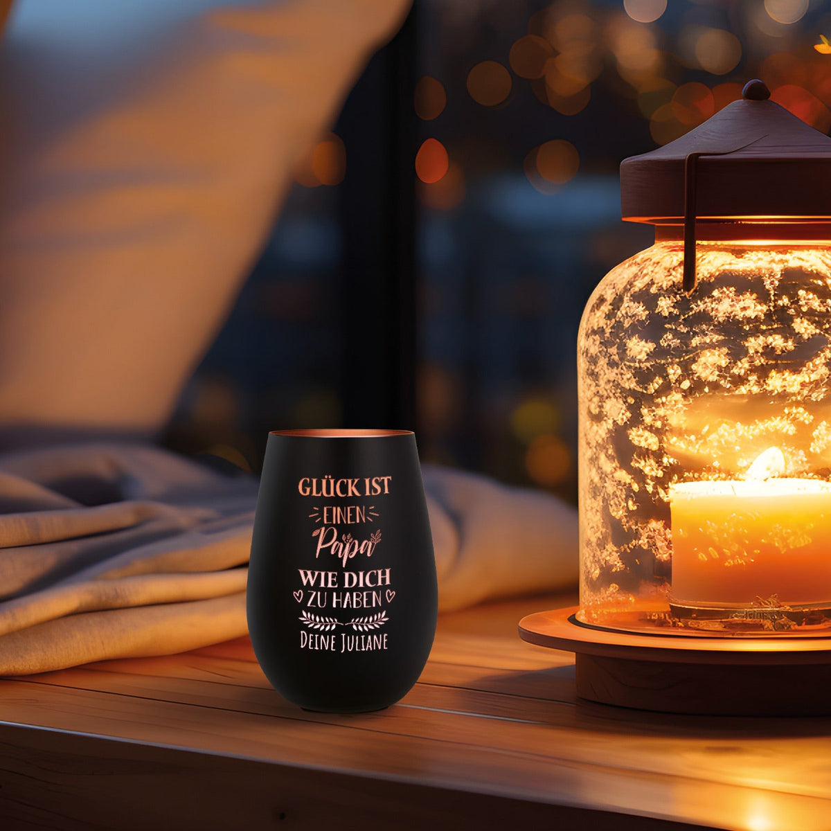 Deko Windlicht aus Glas mit Gravur - Glück ist einen Papa wie Dich zu haben - Personalisiert mit Nam