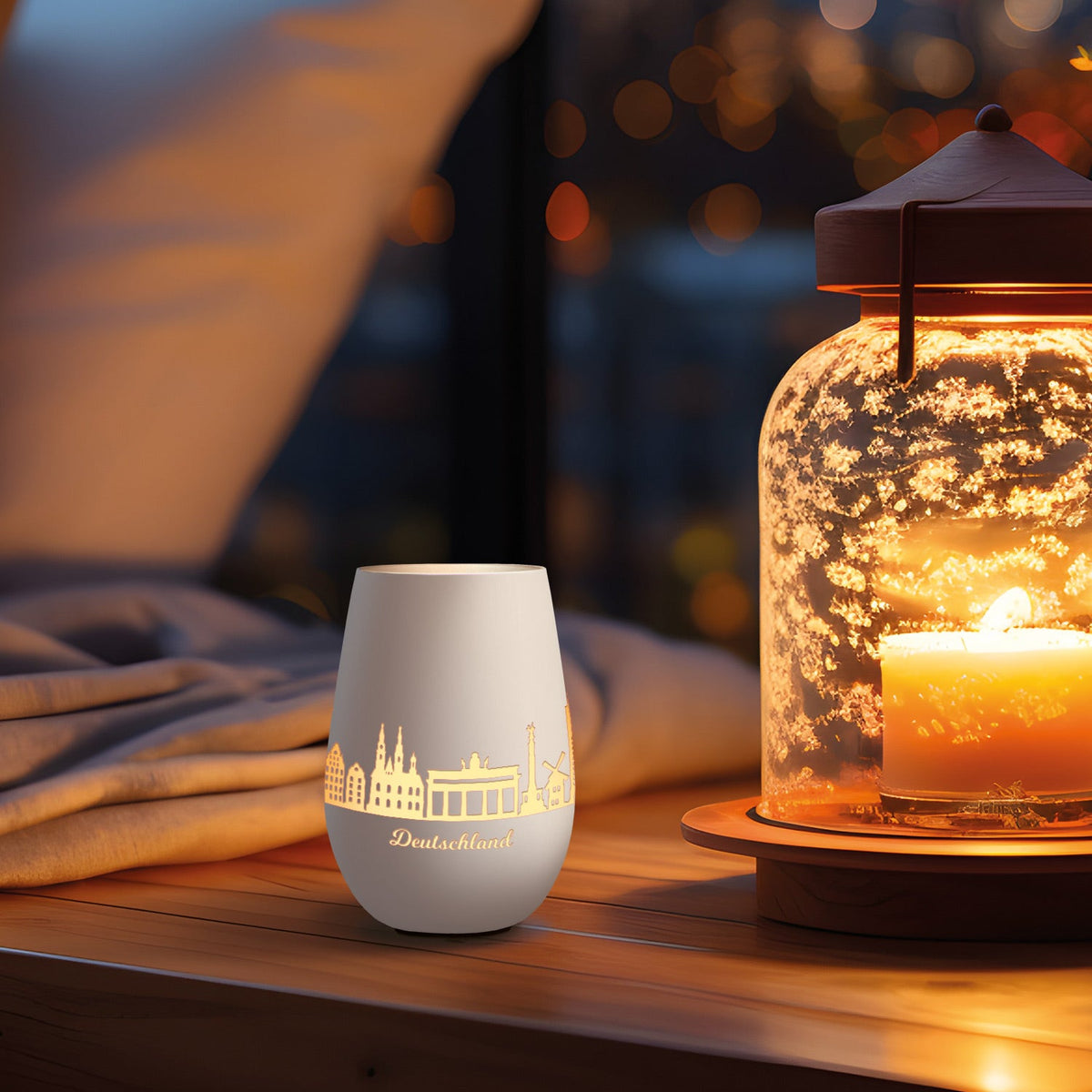 Deko Windlicht aus Glas mit Gravur - Skyline Deutschland