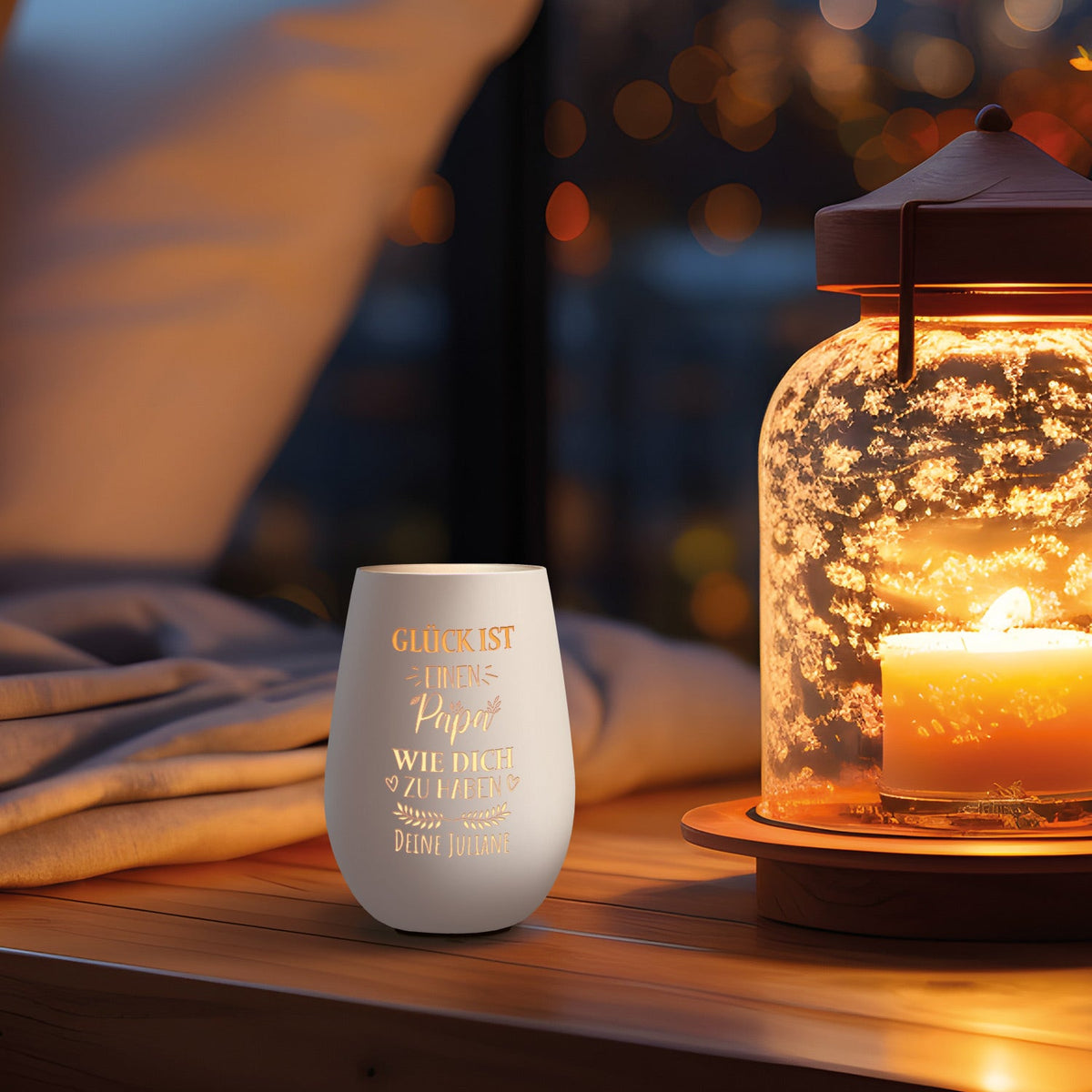 Deko Windlicht aus Glas mit Gravur - Glück ist einen Papa wie Dich zu haben - Personalisiert mit Nam