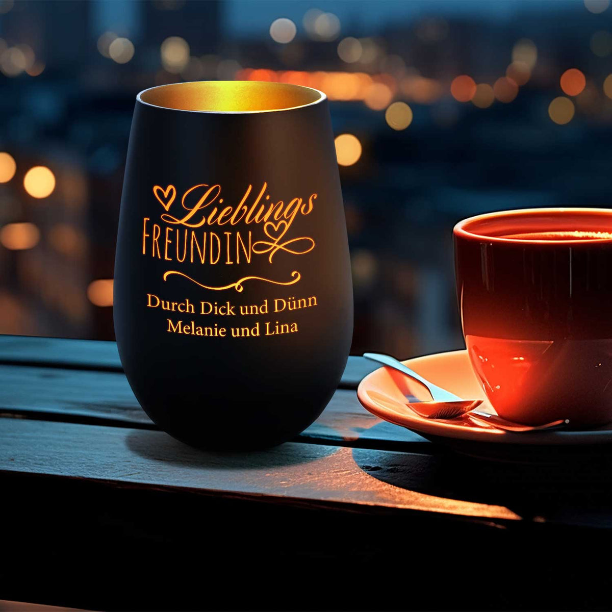 Deko Windlicht aus Glas mit Gravur - Lieblings Freundin - Personalisiert mit Namen