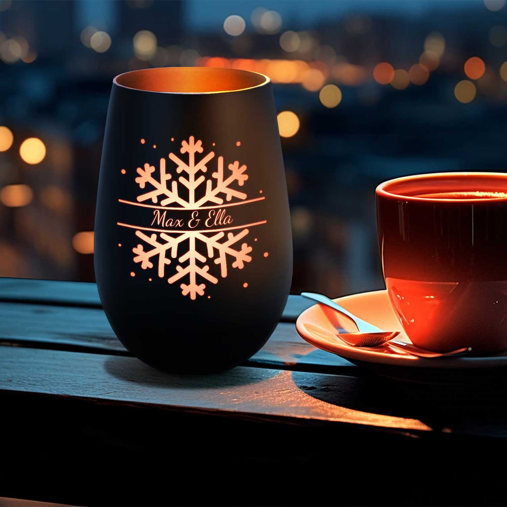 Deko Windlicht aus Glas mit Gravur - Schneeflocke - Personalisiert mit Namen - Geschenk zu Weihnacht