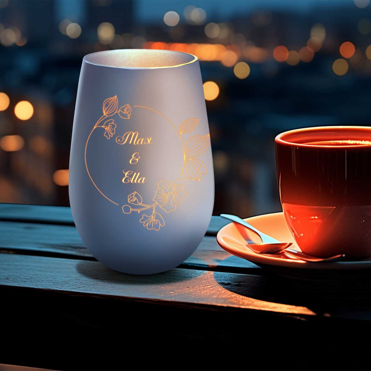 Deko Windlicht aus Glas mit Gravur - Nature Circle Flower - Personalisiert mit Namen