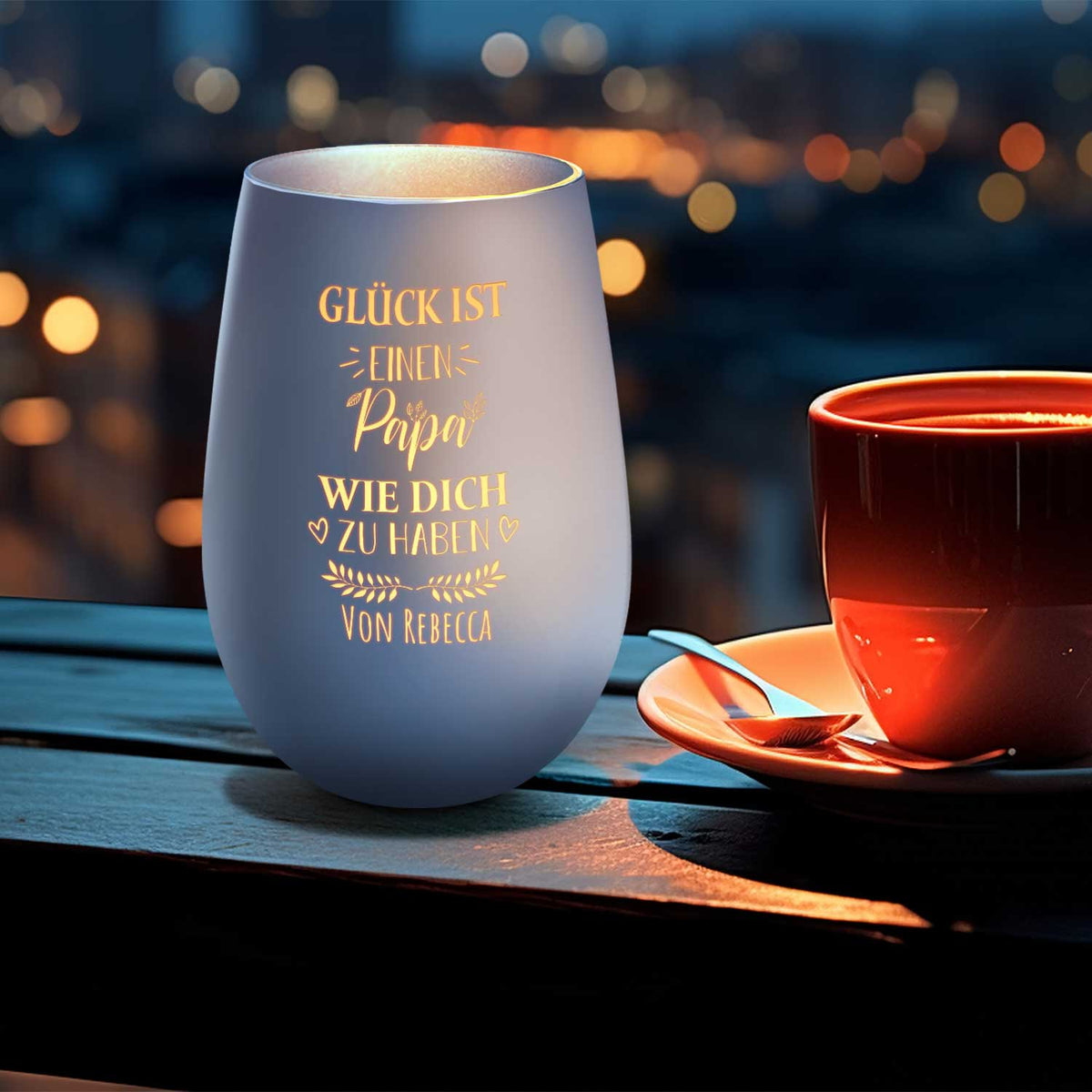 Deko Windlicht aus Glas mit Gravur - Glück ist einen Papa wie Dich zu haben - Personalisiert mit Nam