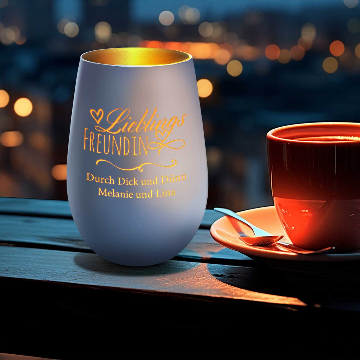 Deko Windlicht aus Glas mit Gravur - Lieblings Freundin - Personalisiert mit Namen