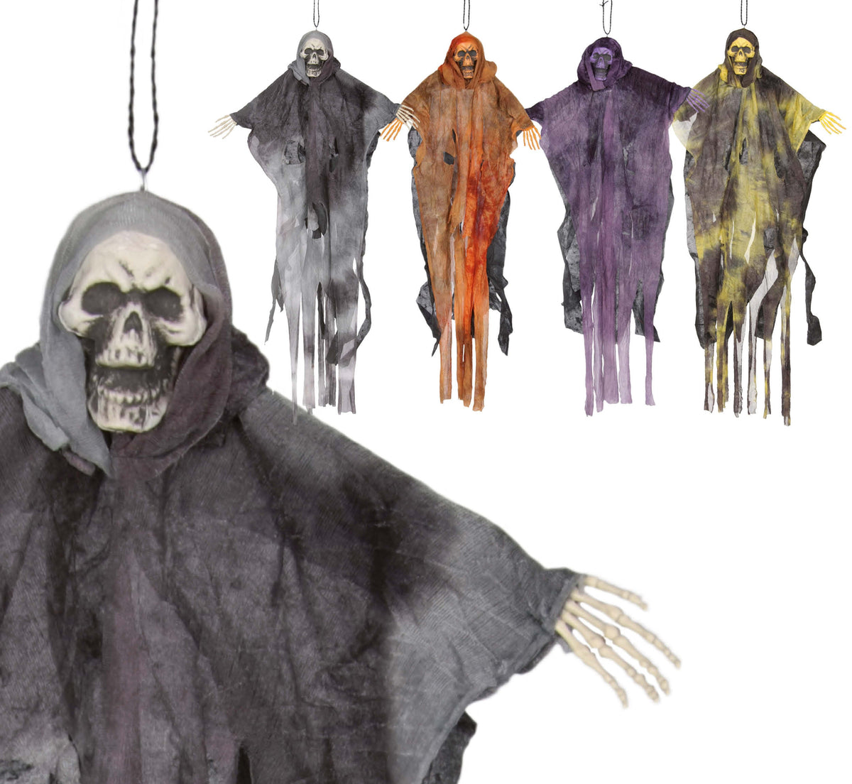 Skelett-Hängefiguren in bunten Umhängen