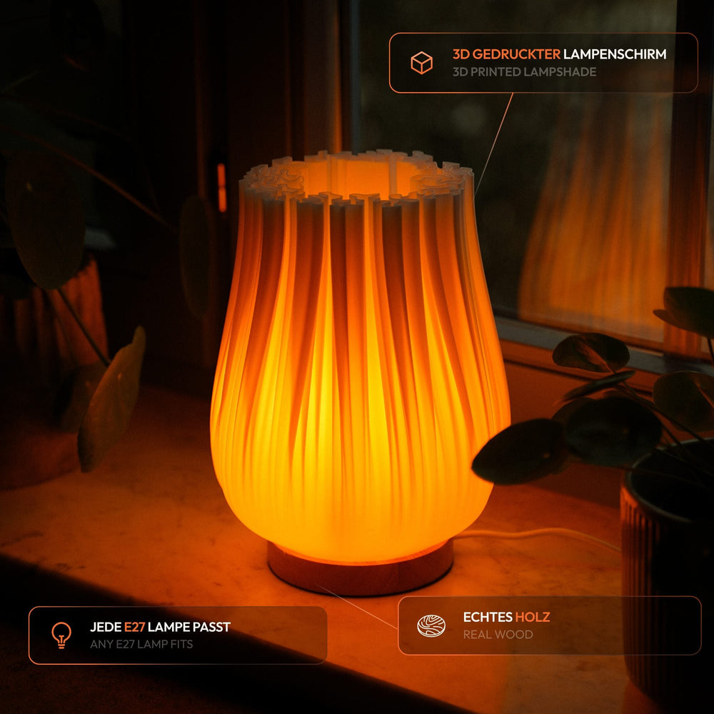 Cora Tischlampe – 3D-Designleuchte mit Eichenholz & warmem Licht
