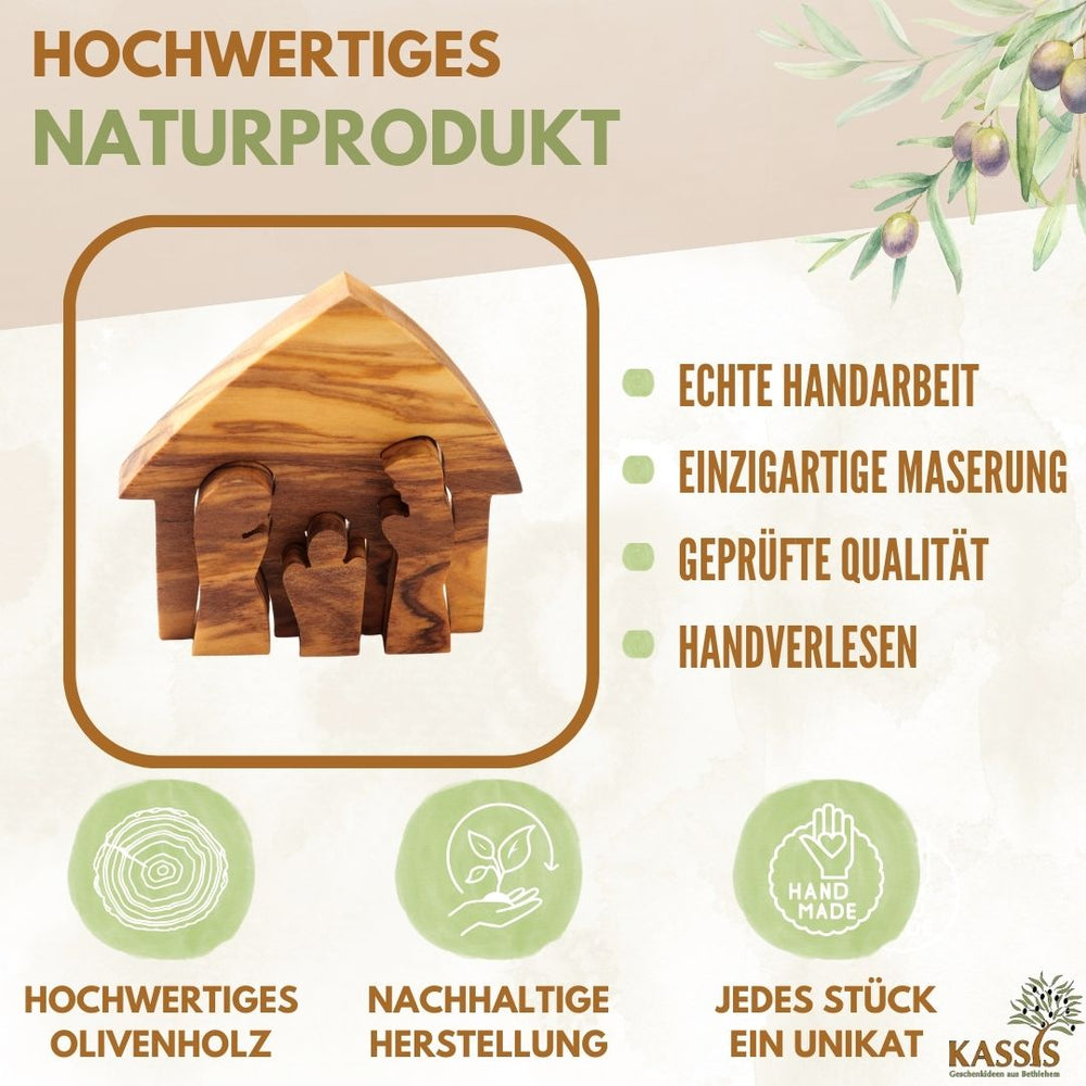 Krippe aus Olivenholz als Puzzle 6,5 cm (ohne Rinde) | Weihnachtsdeko & Geschenk für Advent und Weihnachten