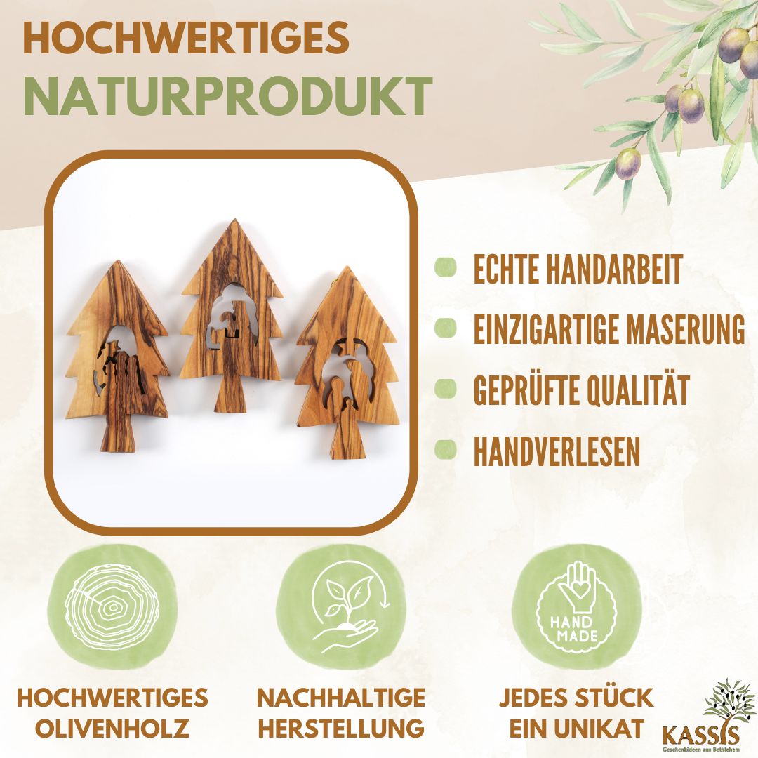 Olivenholz Krippen-Anhänger im Tannenbaum 3er Set (ohne Rinde) | Baumschmuck & Weihnachtsdeko für Advent und Weihnachten