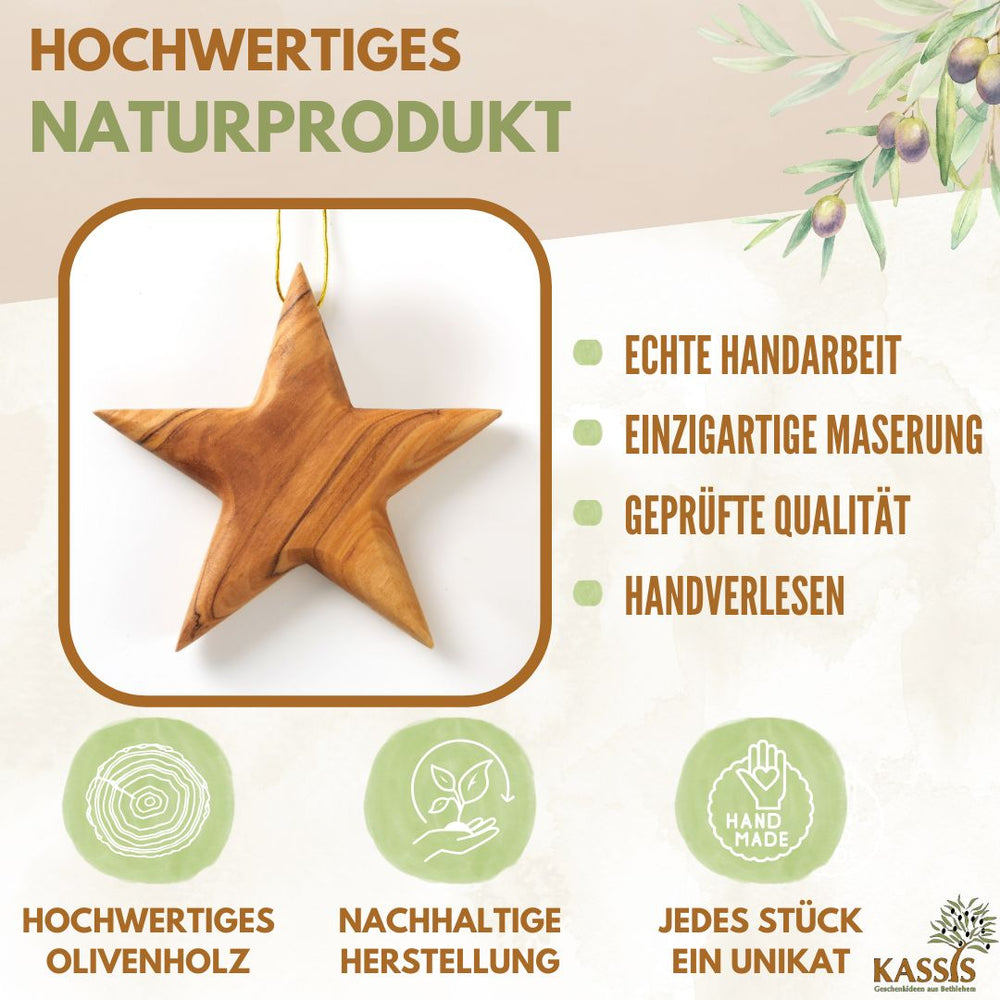 Stern Anhänger aus Olivenholz (8 cm) | Baumschmuck & stilvolle Weihnachtsdeko
