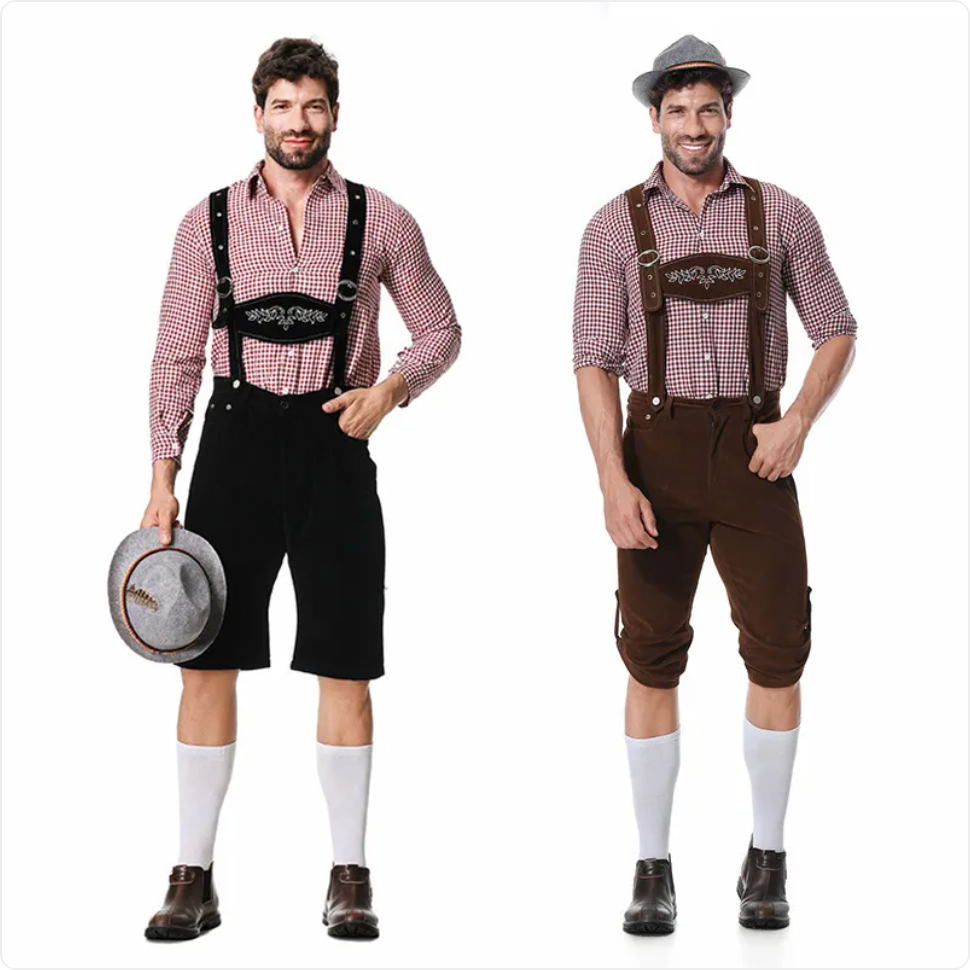 Oktoberfest Herren Kostüm – Kariertes Hemd, Trägerhose & Hut im Set