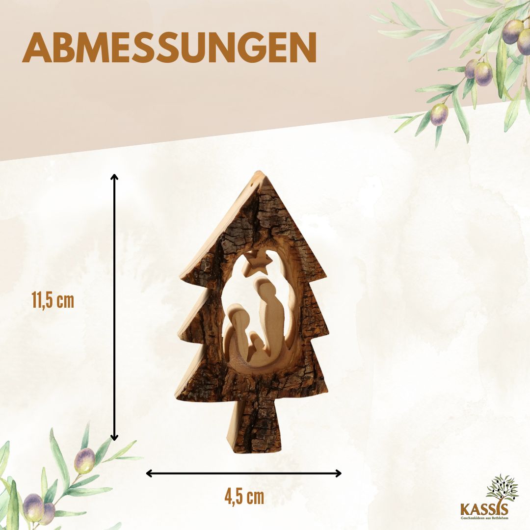 Krippen-Anhänger aus Olivenholz im Tannenbaum mit Rinde (3er Set) | Baumschmuck & Weihnachtsdeko für Advent und Weihnachten