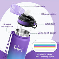 Thermosflasche Mit Strohhalm 500Ml, Trinkflasche Edelstahl Kohlensäure Geeignet, Bpa-Frei, Isolierflasche Auslaufsicher Doppelwandig, Wasserflasche Für Schule, Camping, Maedchen, Schule