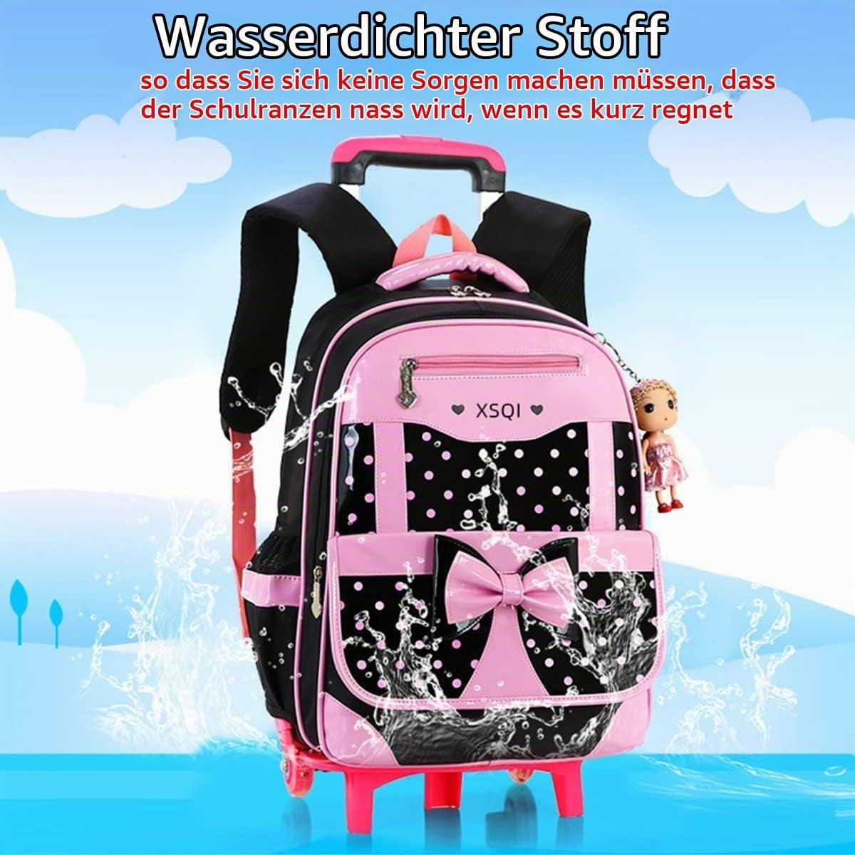 6 Räder Trolley Rucksack Mit Rollen Madchen Schulrucksack Madchen Kinderrucksack Schultasche Schulranzen Mit Rollen Schwarz Grundshule 42X30X20Cm