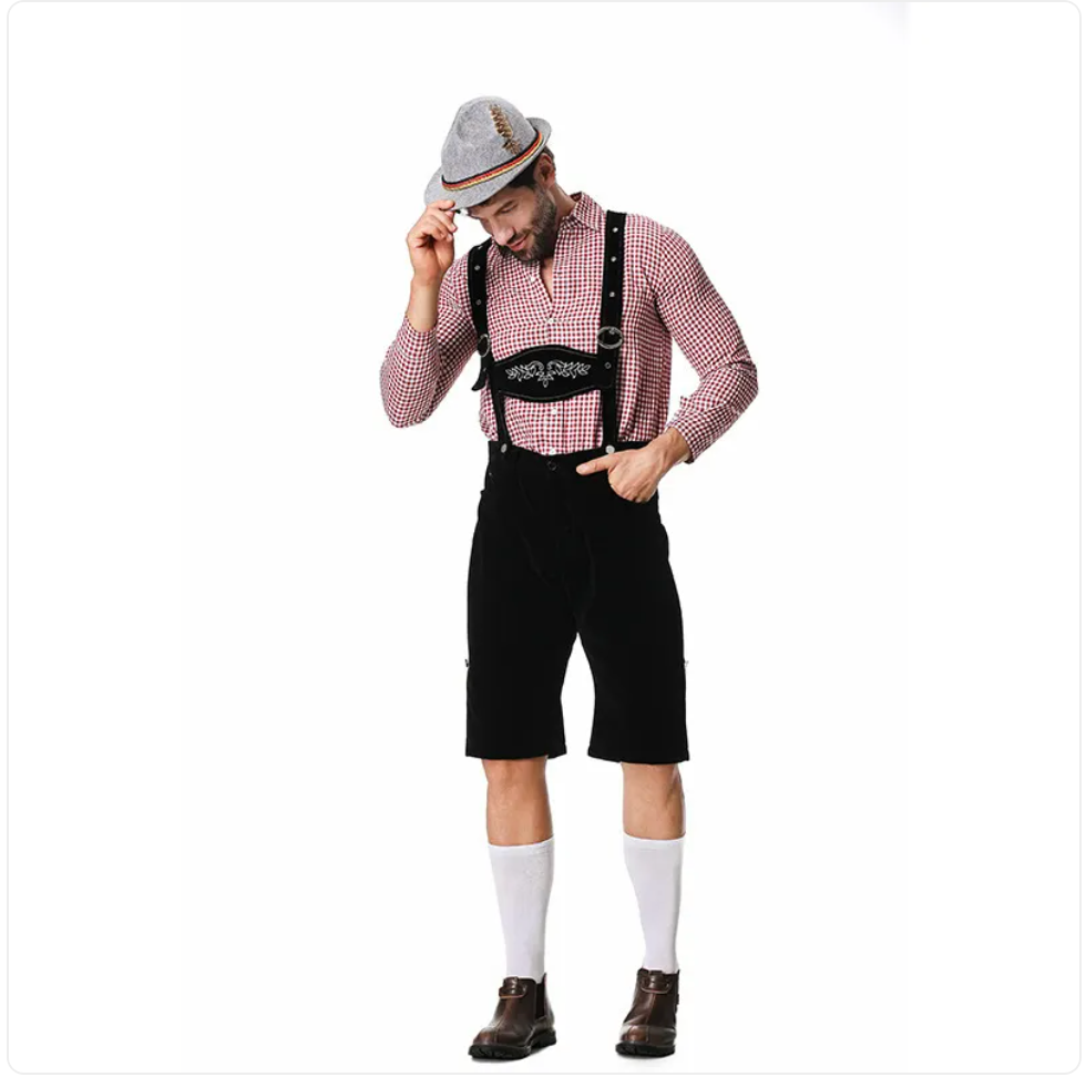 Oktoberfest Herren Kostüm – Kariertes Hemd, Trägerhose & Hut im Set