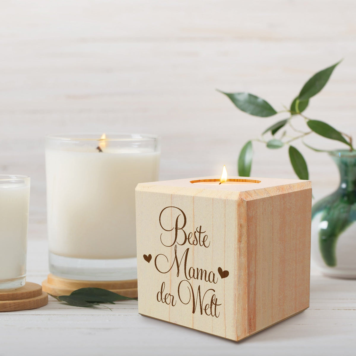 Teelichthalter mit Gravur aus Holz für Mama - Beste Mama der Welt - Persönliches Geschenk für