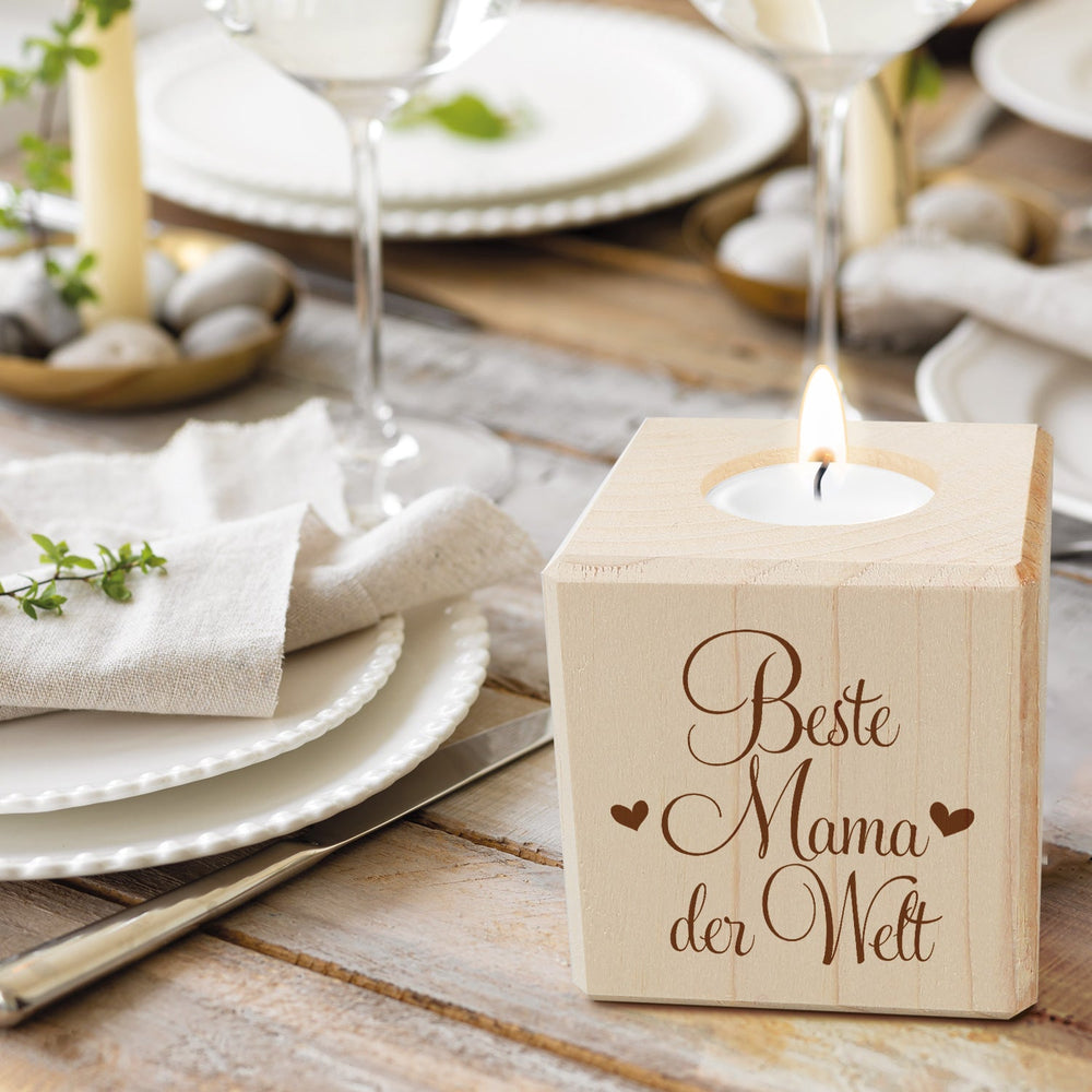 Teelichthalter mit Gravur aus Holz für Mama – Beste Mama der Welt – Persönliches Geschenk
