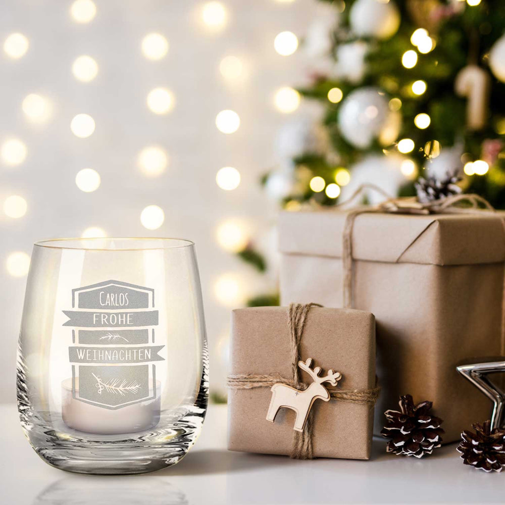 Teelicht mit Gravur - Weihnachtsdeko - Frohe Weihnachten Ast - Personalisiert mit Name