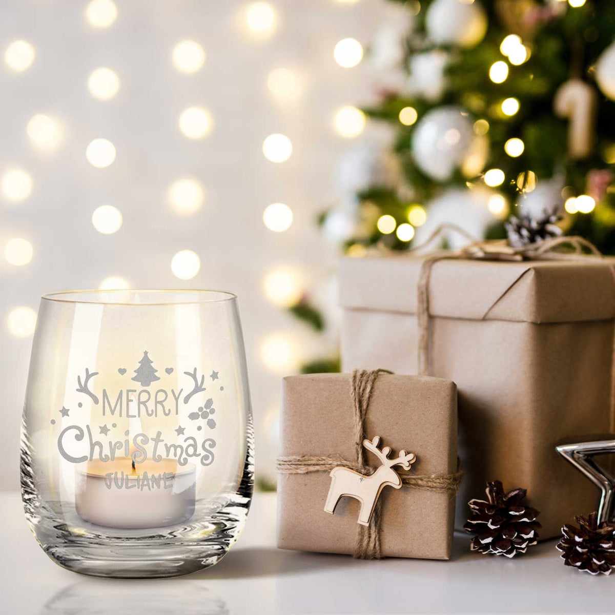Teelicht mit Gravur - Weihnachtsdeko - Merry Christmas - Personalisiert mit Name
