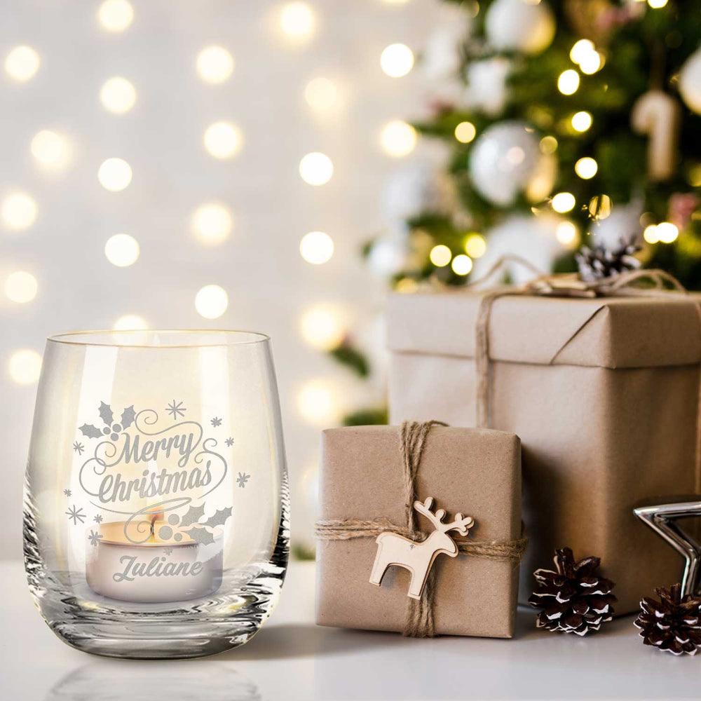 Teelicht mit Gravur - Weihnachtsdeko - Merry Christmas Swirls - Personalisiert mit Name